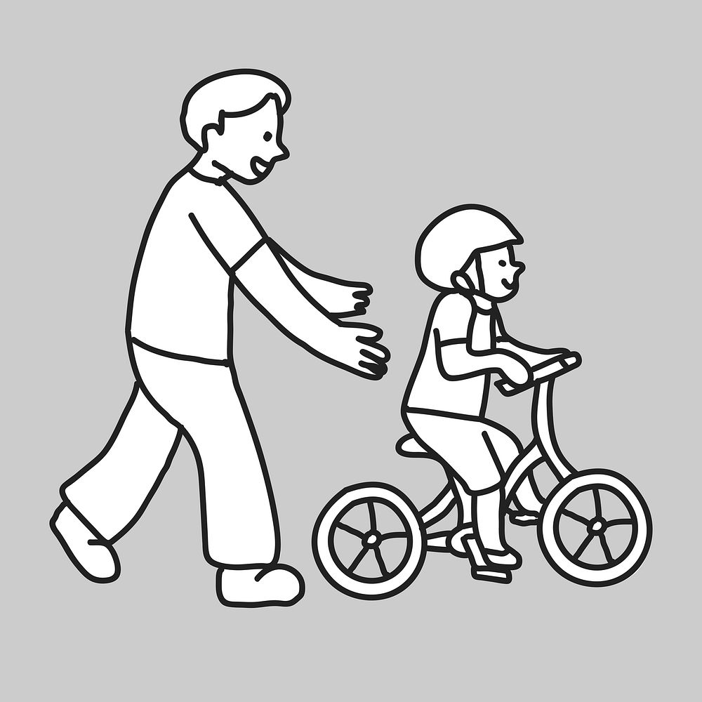 Father teaching son to ride a bicycle line drawing vector