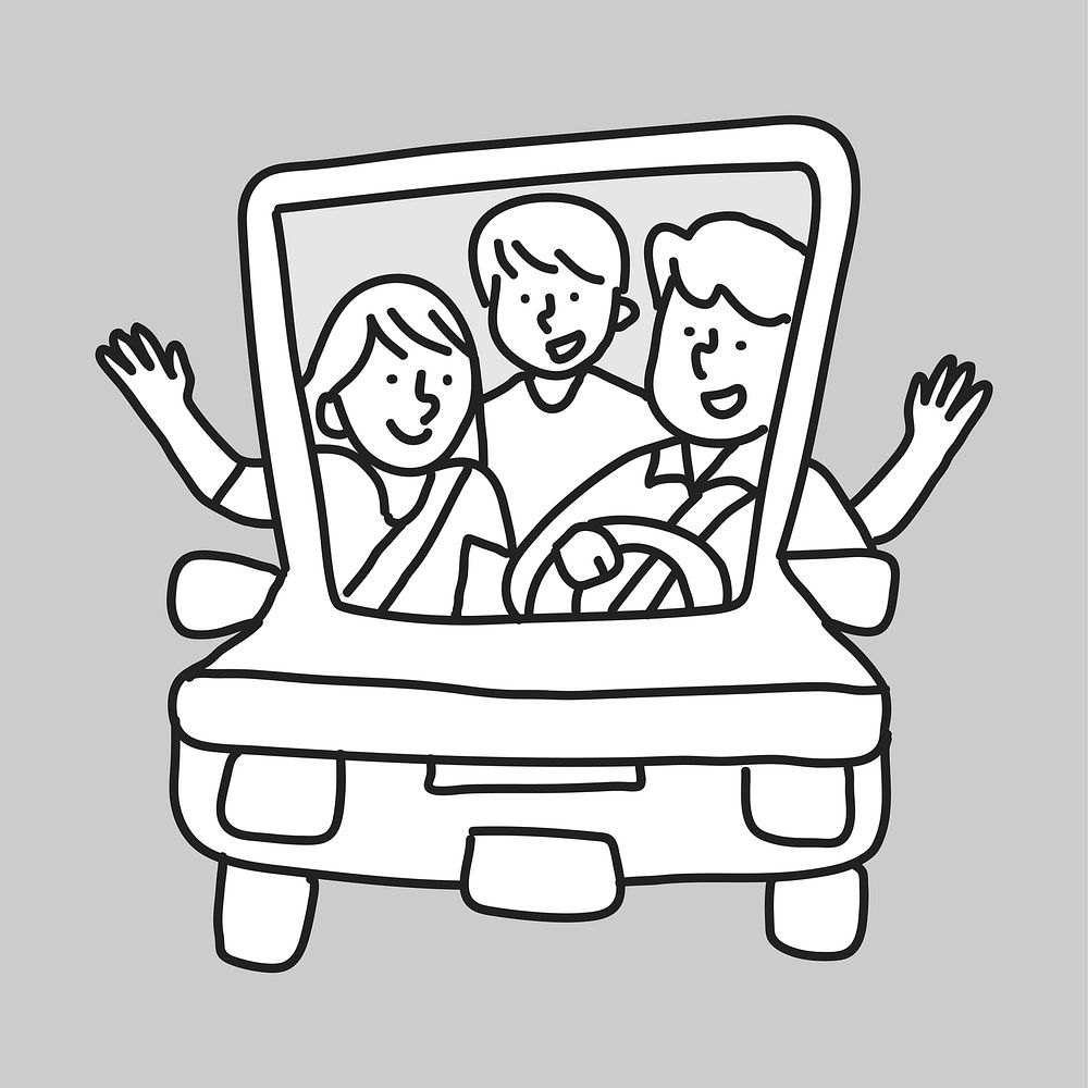 Family road trip line art collage element vector