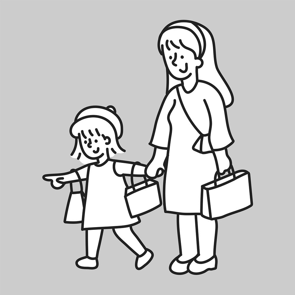 Mom daughter shopping line art collage element vector