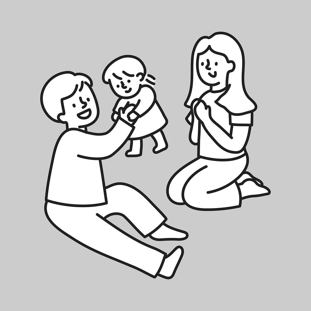 Dad mom daughter family time flat line vector