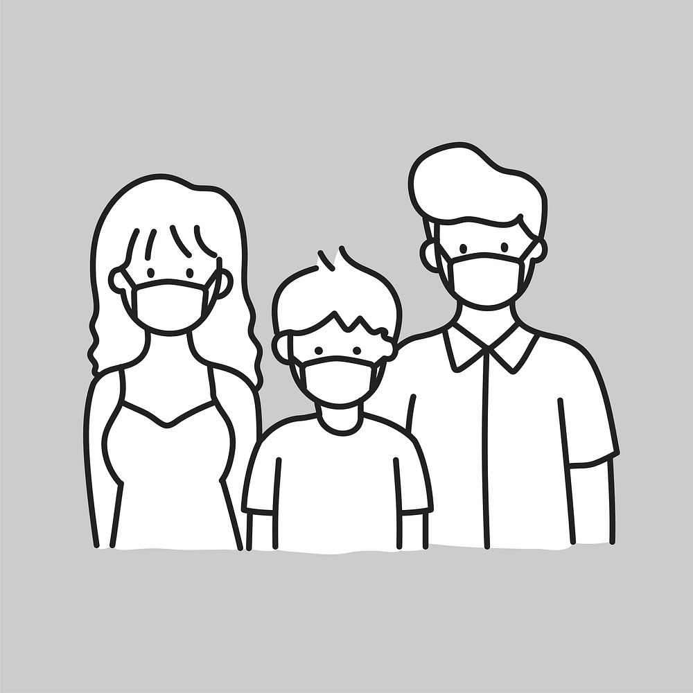 Family wearing face mask line art vector