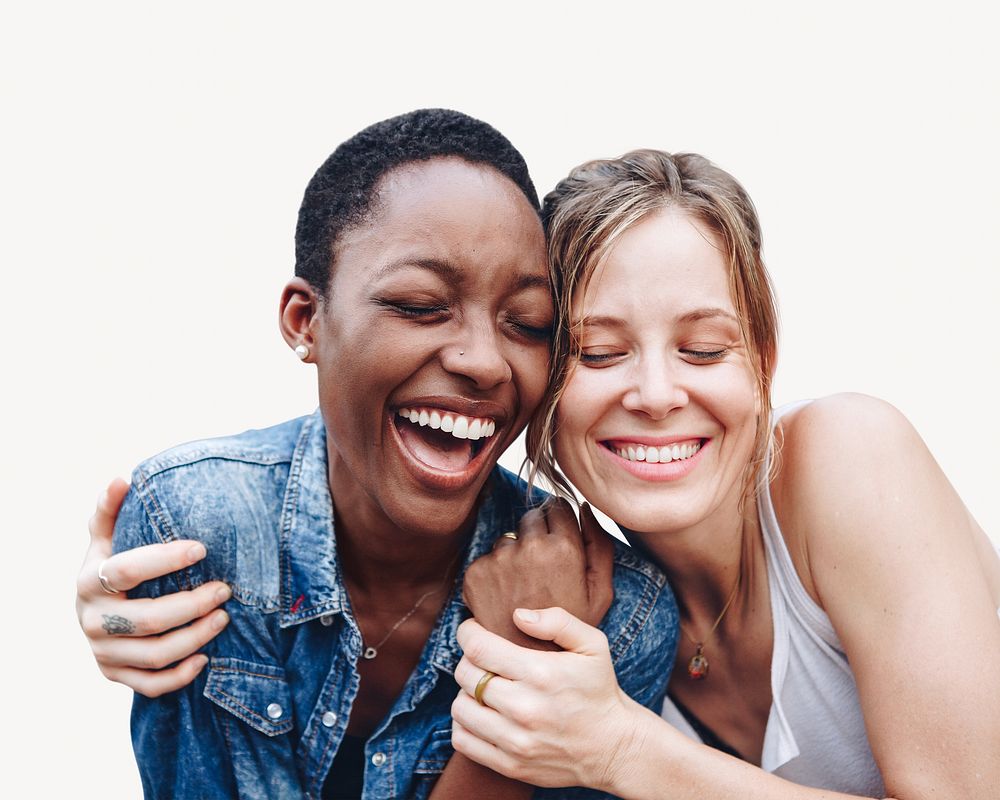 Happy woman laughing with her friend isolated image