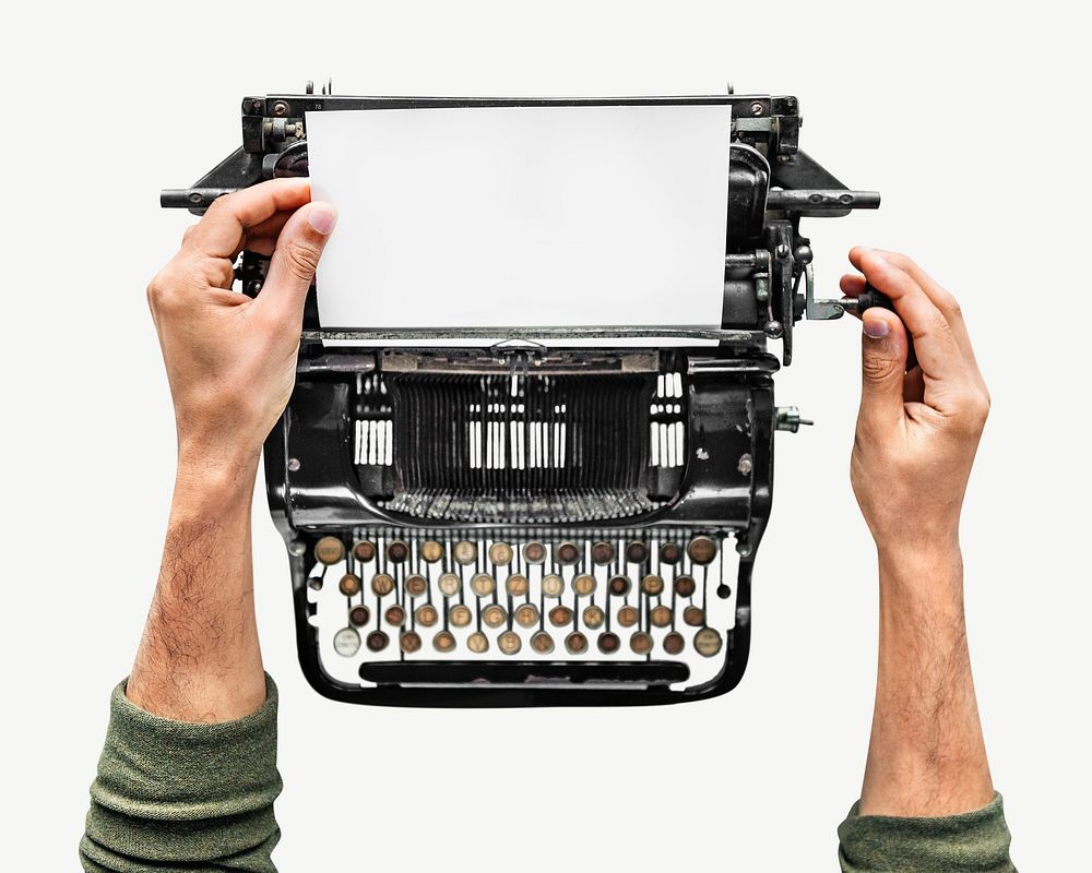 Man typing on a retro typewriter collage element psd