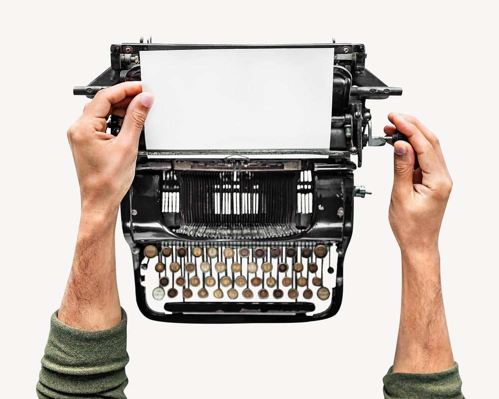 Man typing on a retro typewriter isolated image