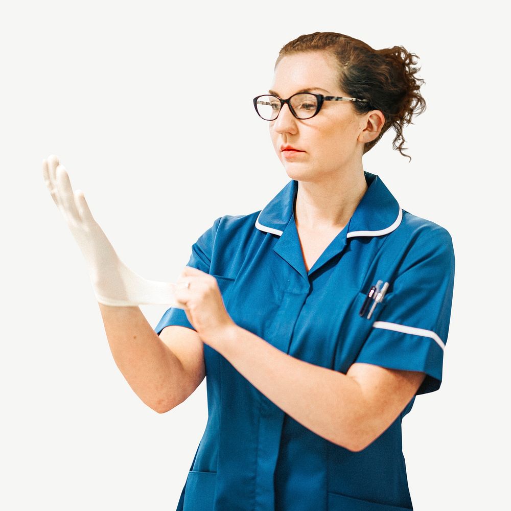 Nurse putting on glove collage element psd