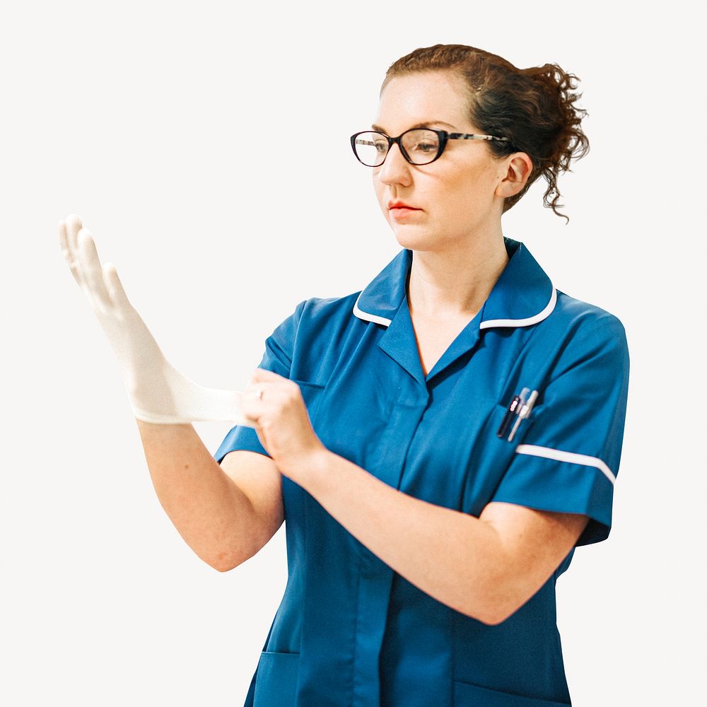 Nurse putting on glove isolated image