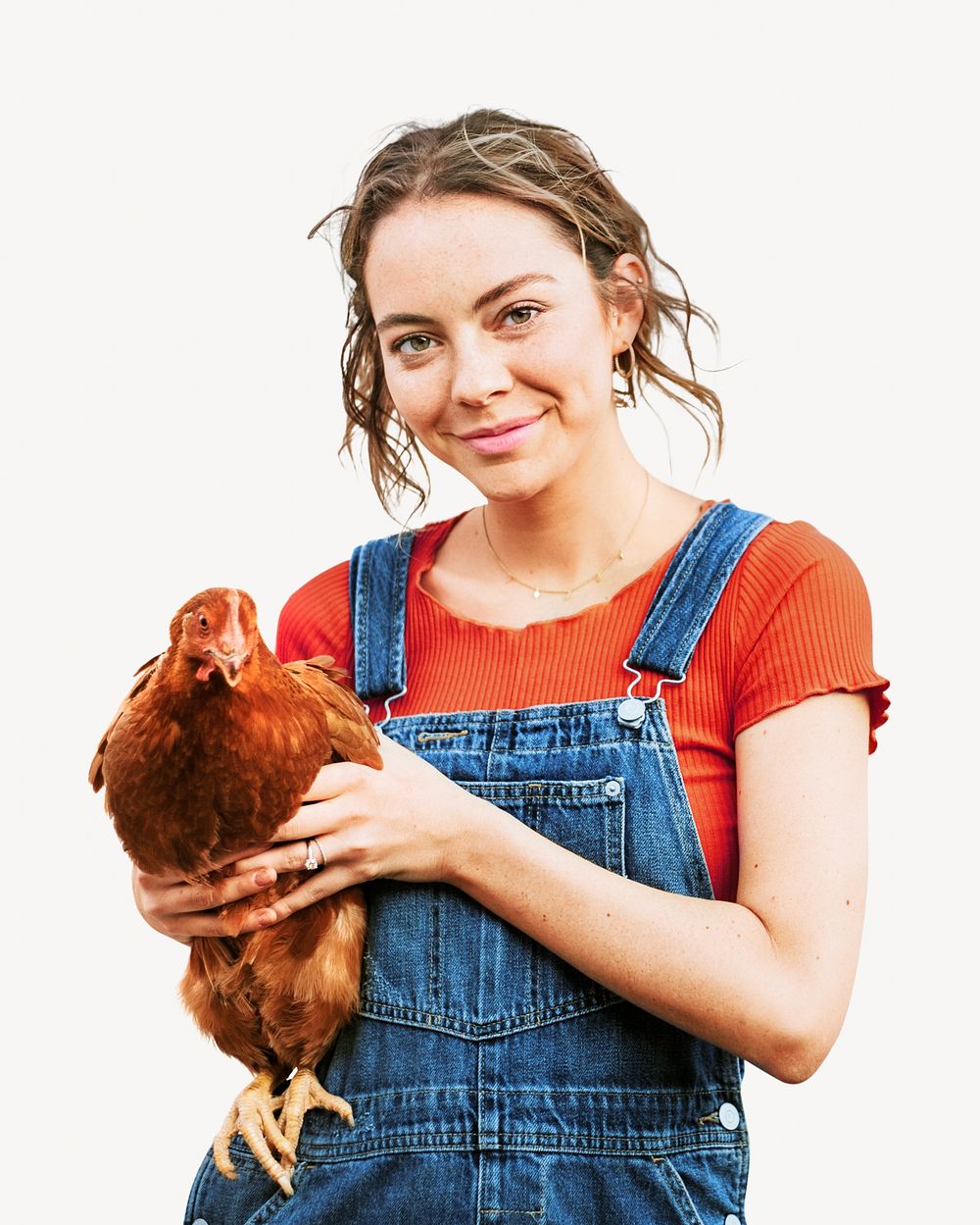 Happy young woman with brown hen image element