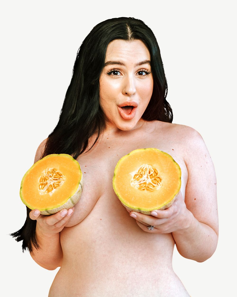 Beautiful woman with fruit boobs collage element psd