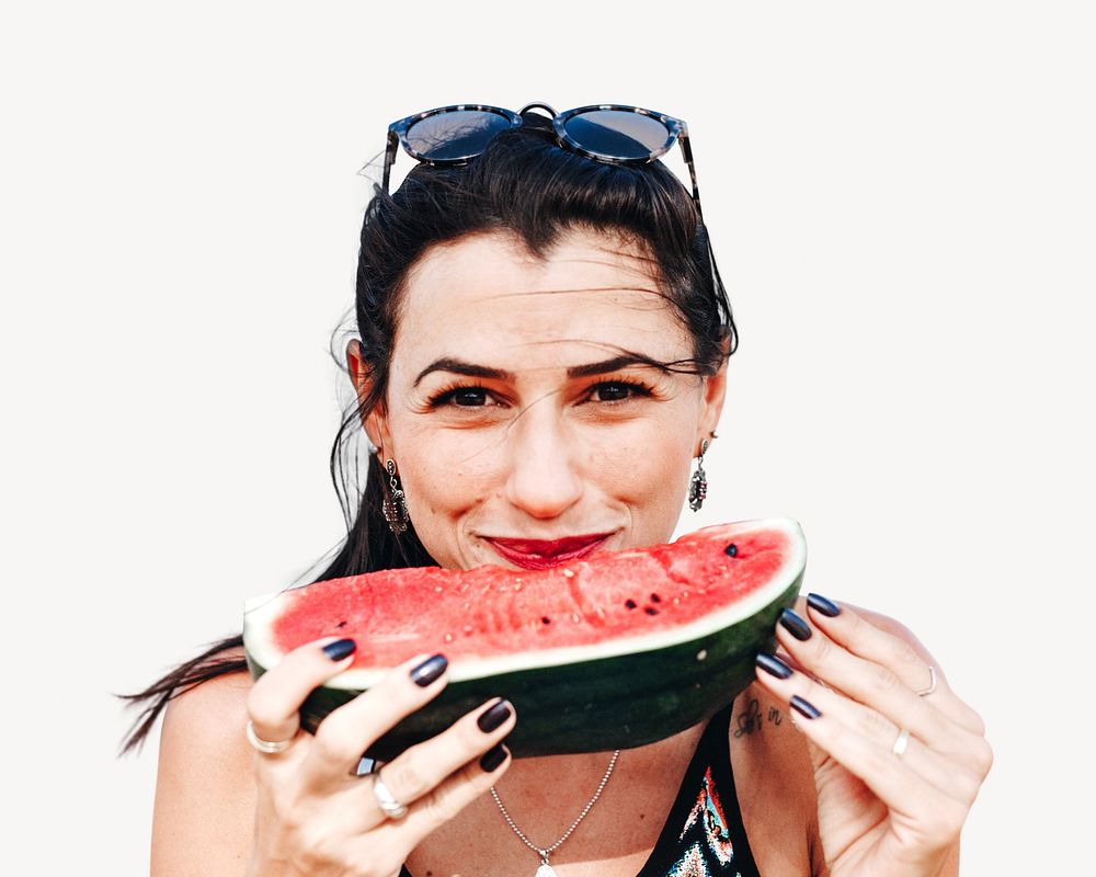 Woman eating watermelon isolated image