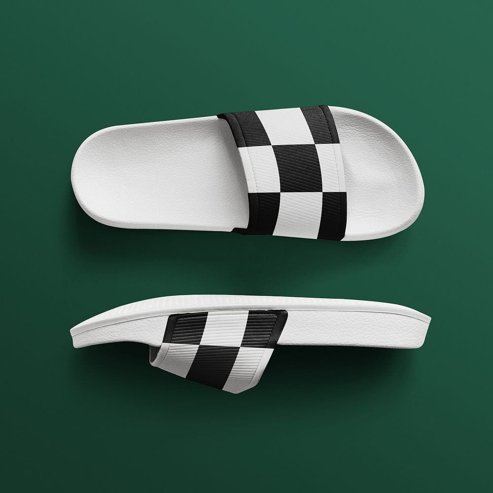 Checkered slide sandals, black and white design