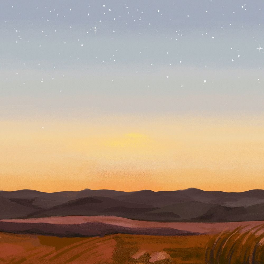 Sunset desert landscape, painting  illustration