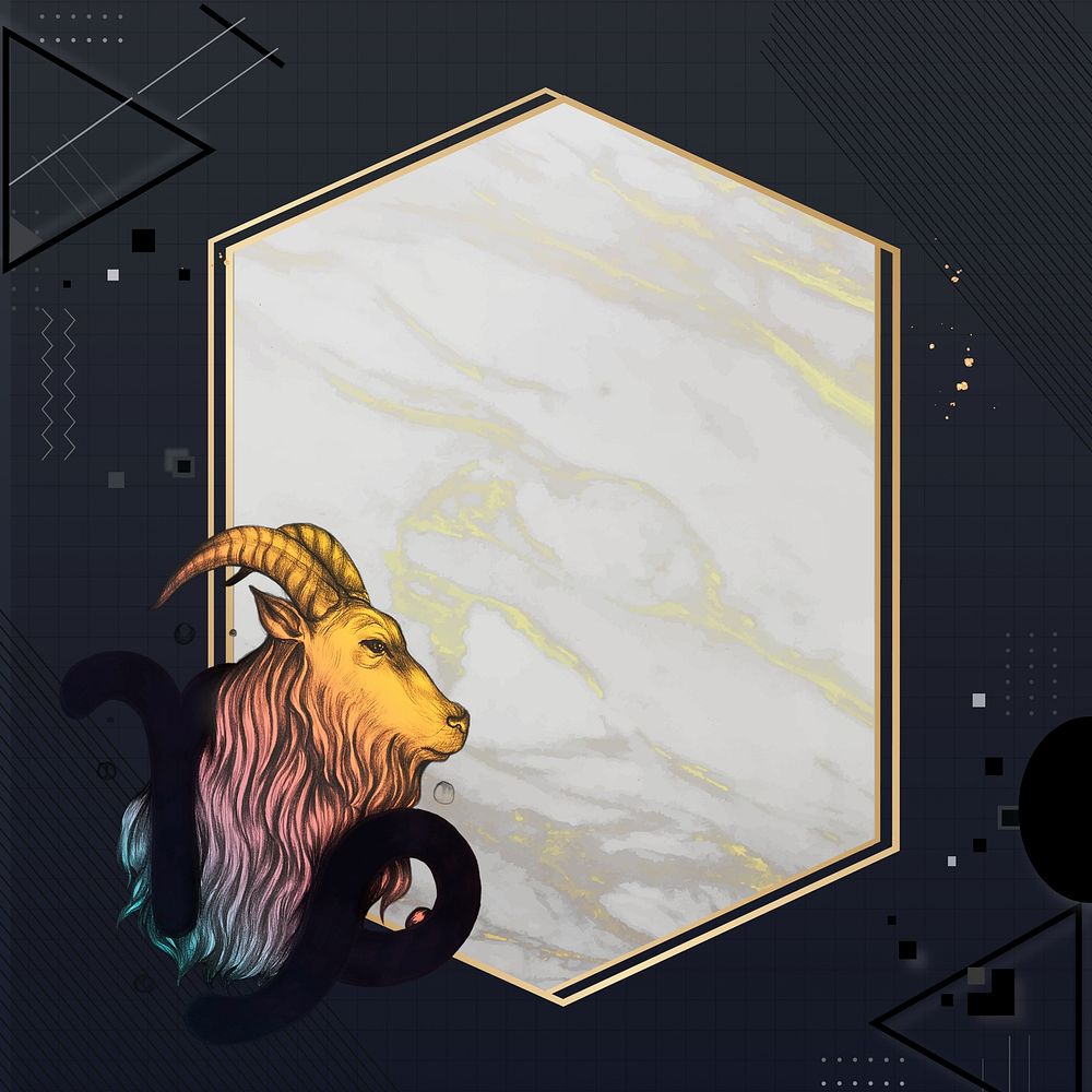 Capricorn goat zodiac background, marble hexagon frame