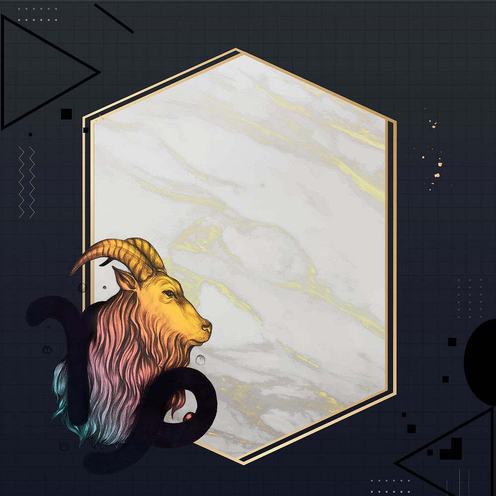 Capricorn goat zodiac background, marble hexagon frame