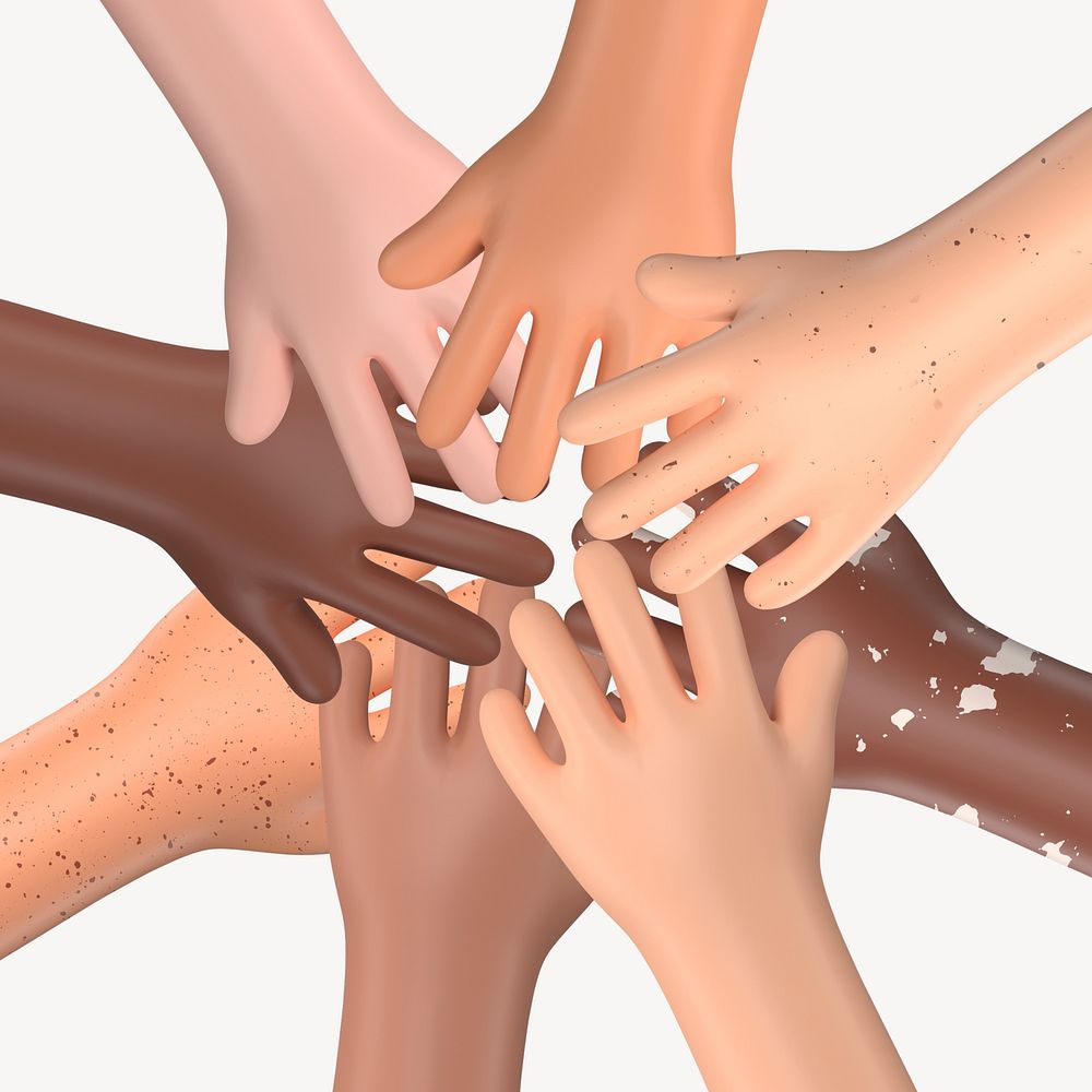 Diverse teamwork, 3D hands in middle collage element