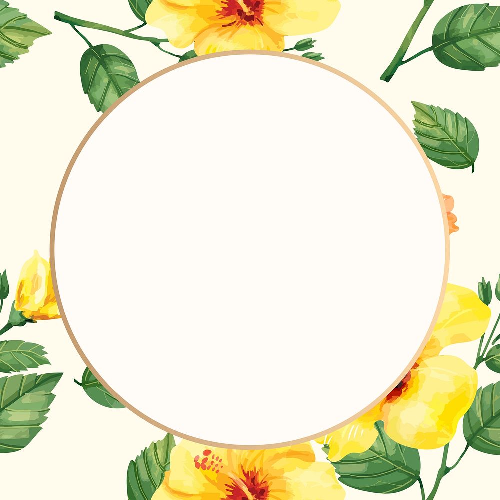 Watercolor yellow hibiscus round frame, aesthetic flower digital paint