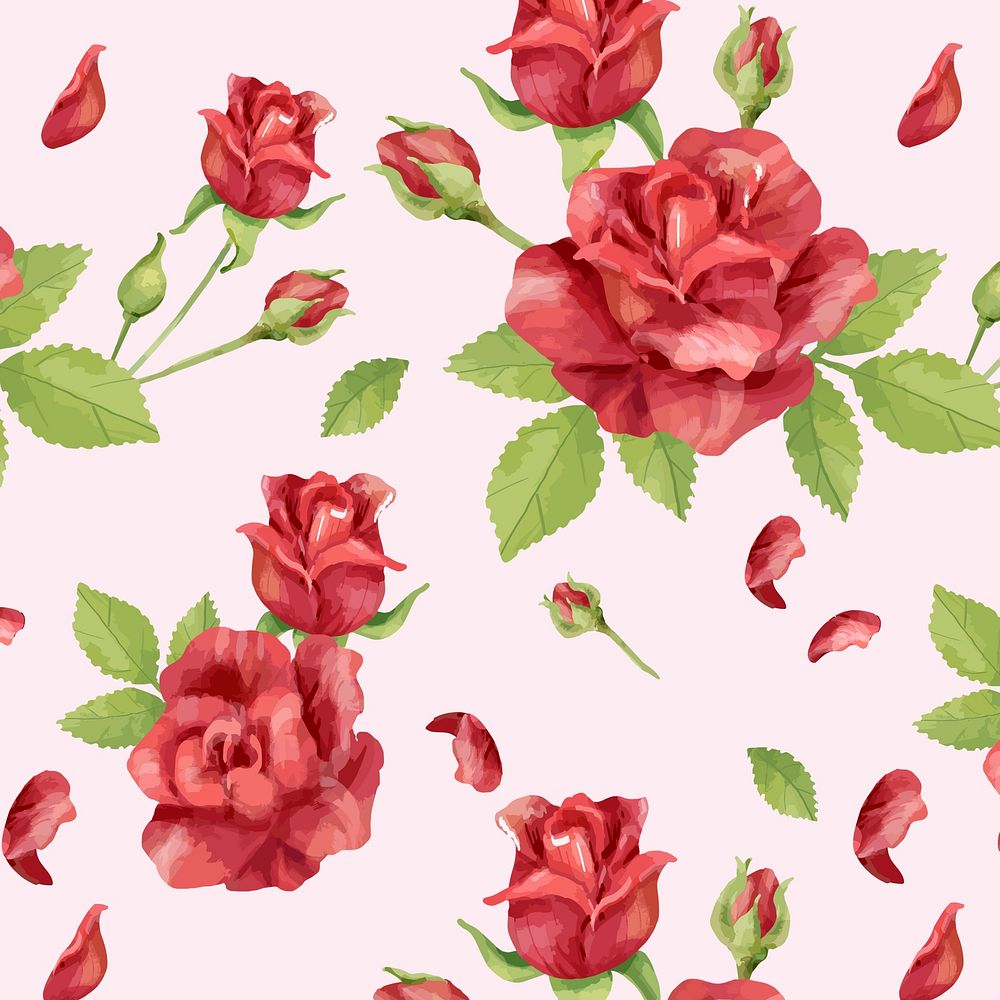 Watercolor red rose flower pattern, digital paint remix