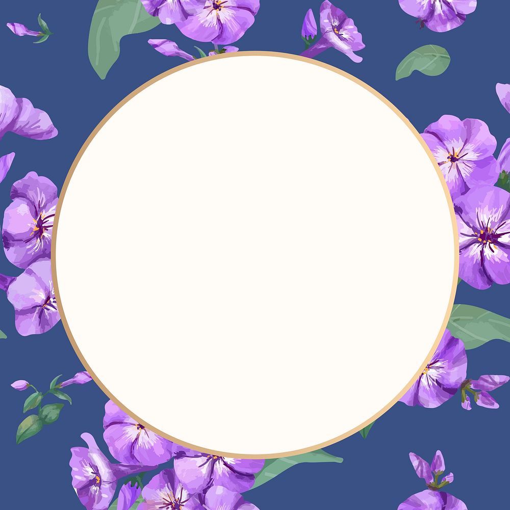 Watercolor floral round frame, purple phlox digital paint