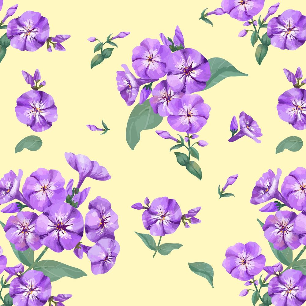 Watercolor purple phlox flower pattern, digital paint remix