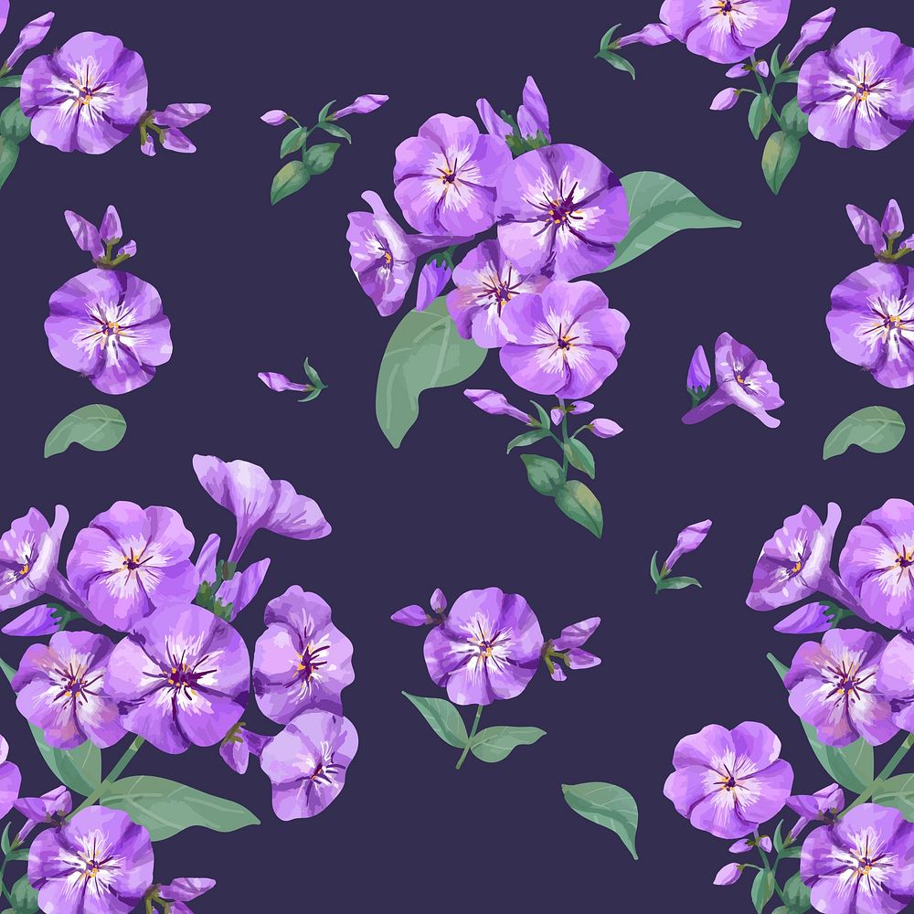 Watercolor purple phlox flower pattern, digital paint remix