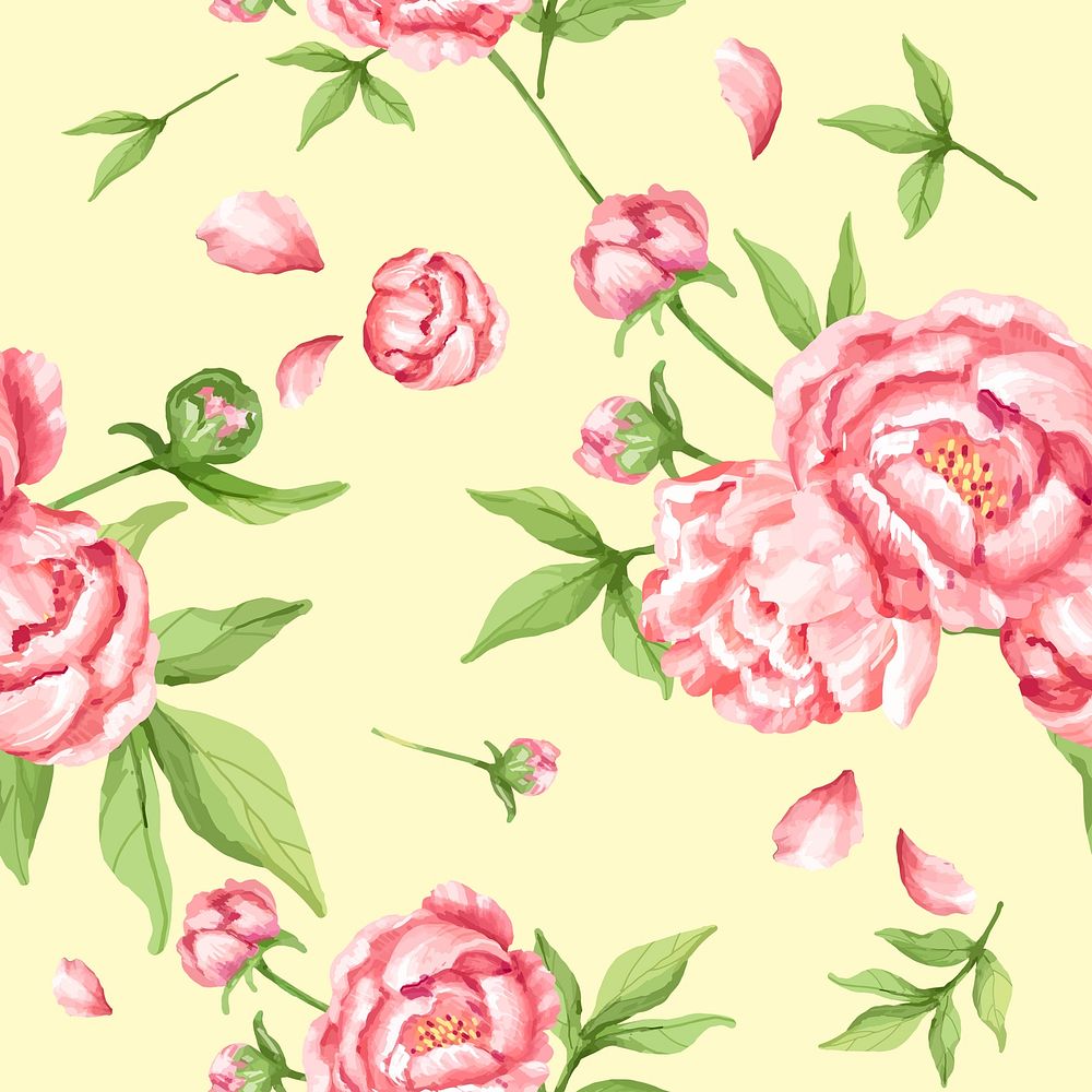 Watercolor pink peony flower pattern, digital paint remix