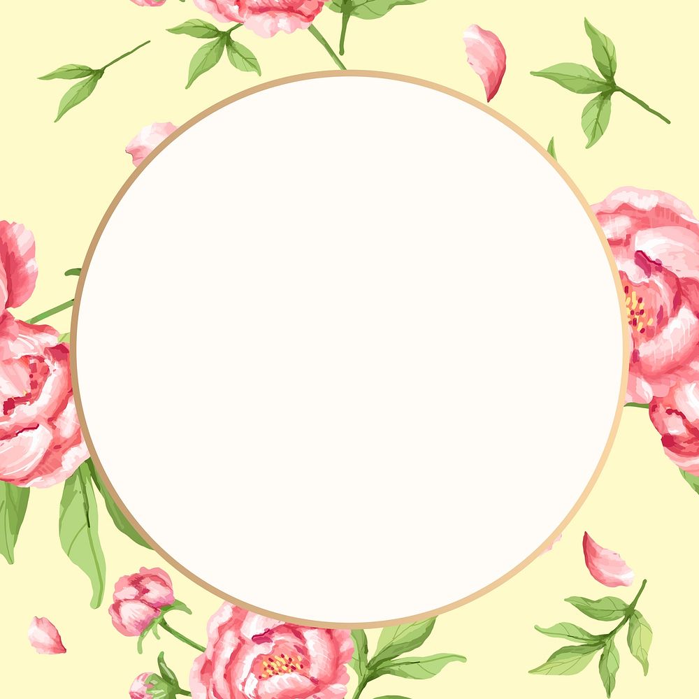 Watercolor pink peony round frame, aesthetic flower digital paint