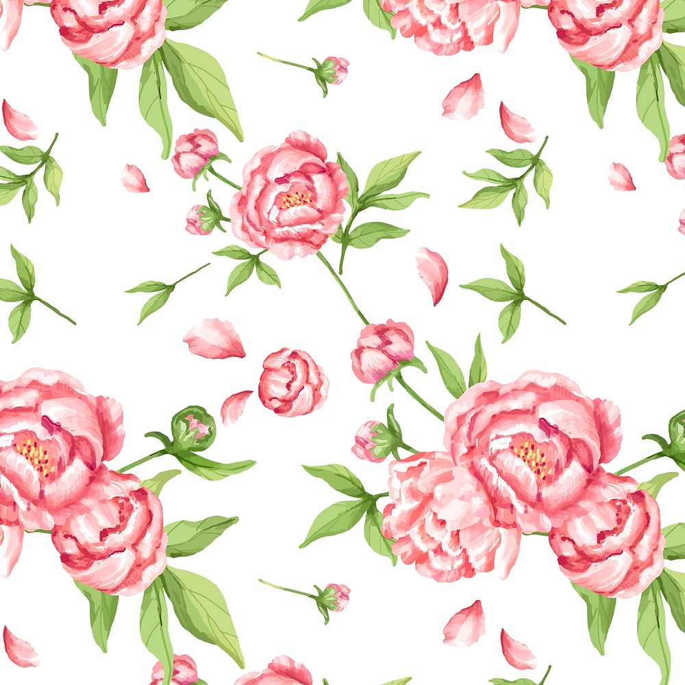 Watercolor pink peony flower pattern, digital paint remix