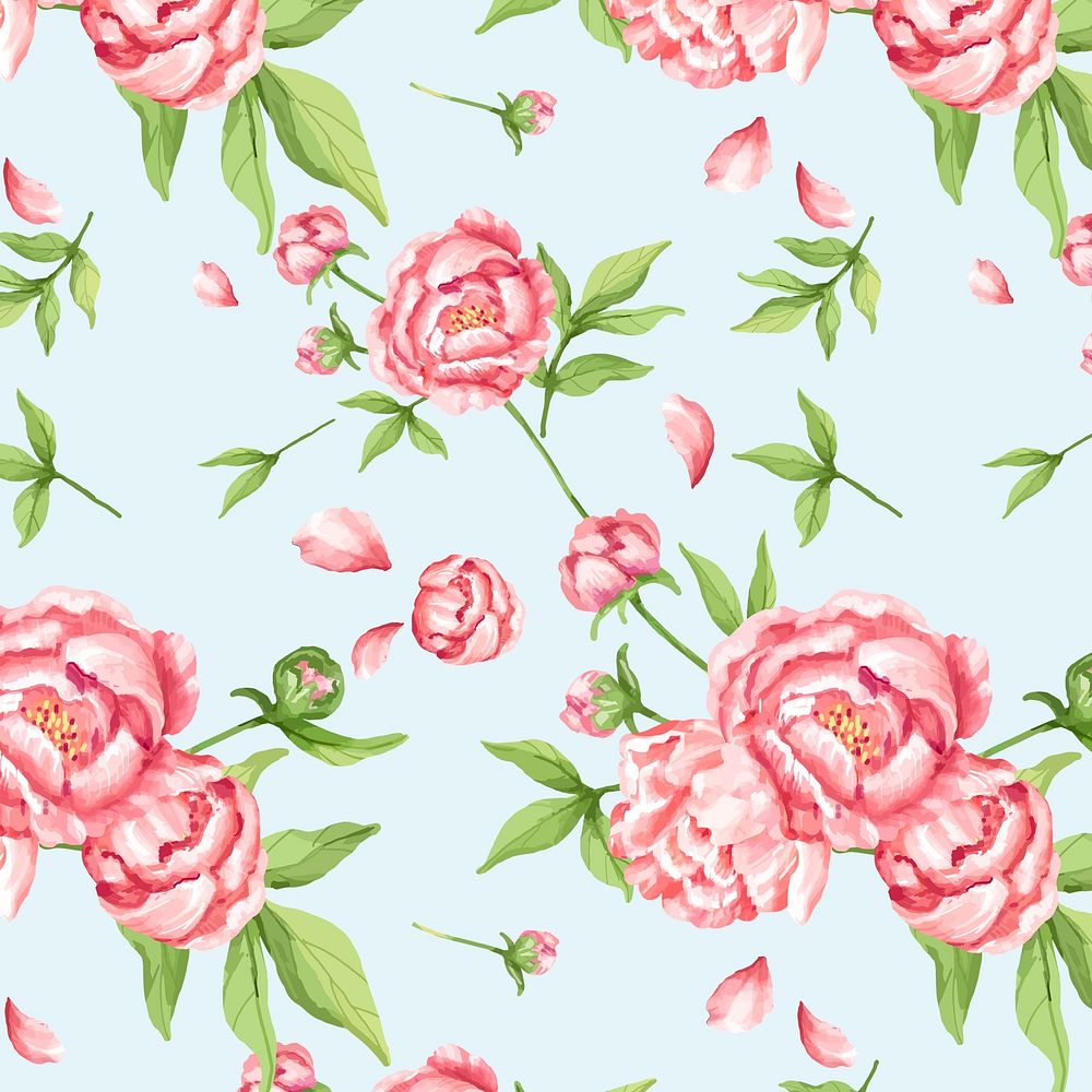 Watercolor pink peony flower pattern, digital paint remix