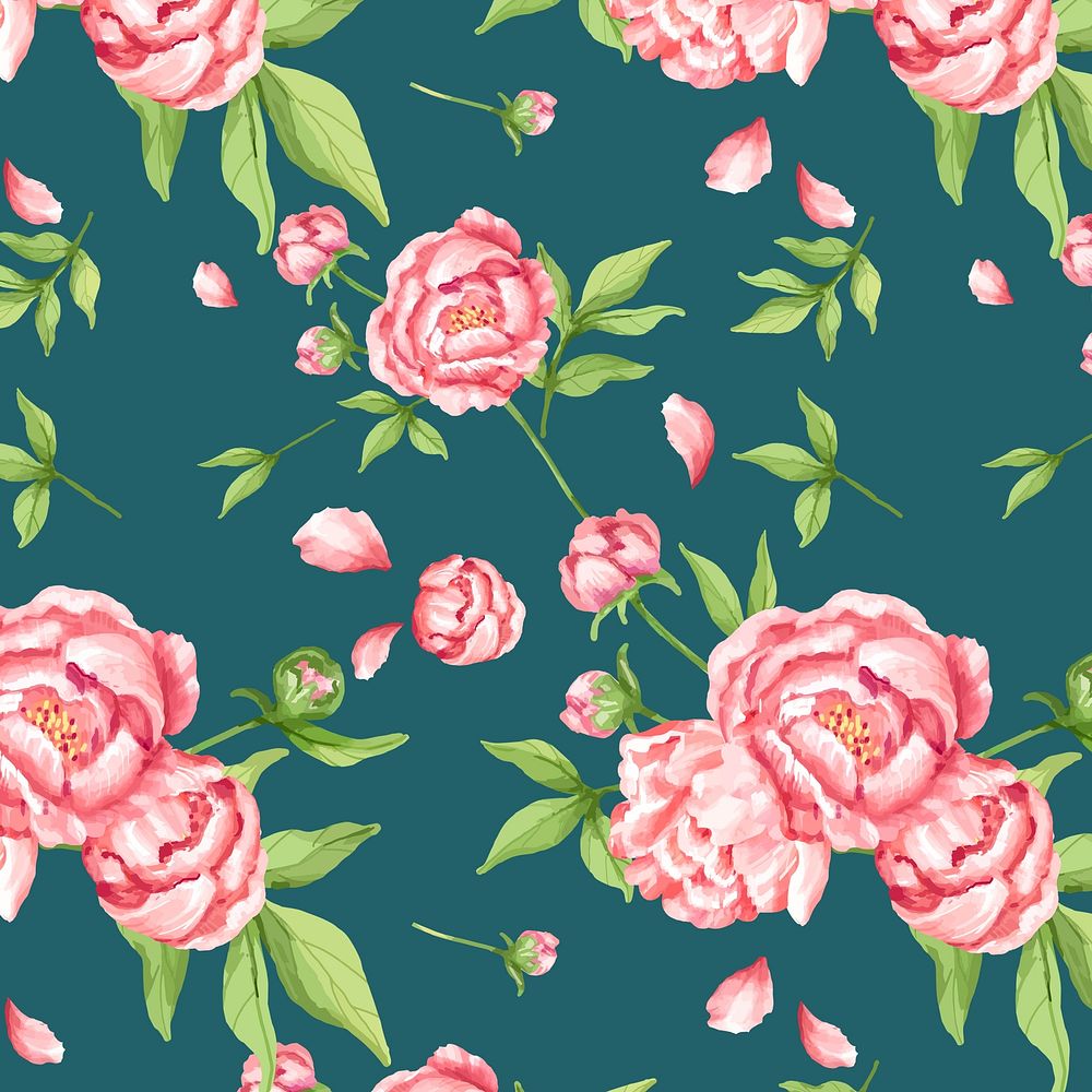 Watercolor pink peony flower pattern, digital paint remix