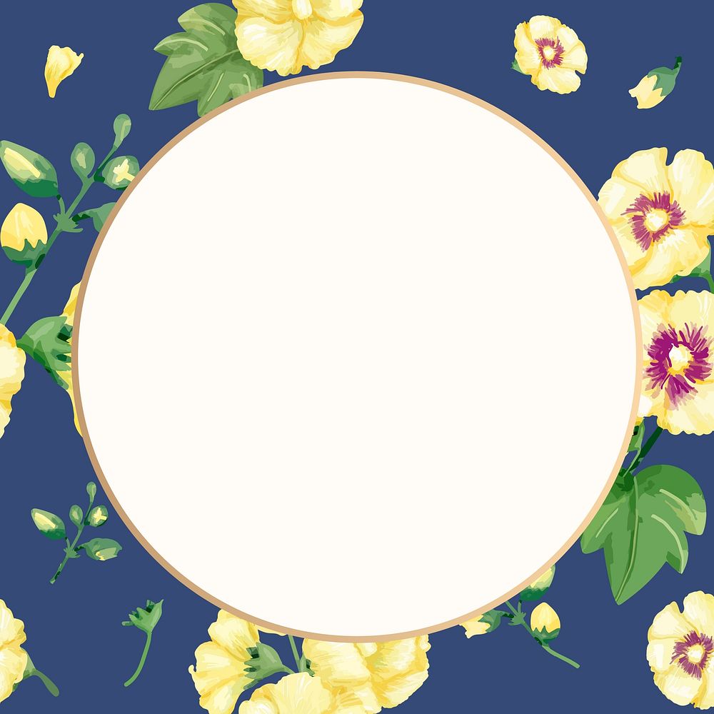 Watercolor yellow hollyhocks round frame, aesthetic flower digital paint
