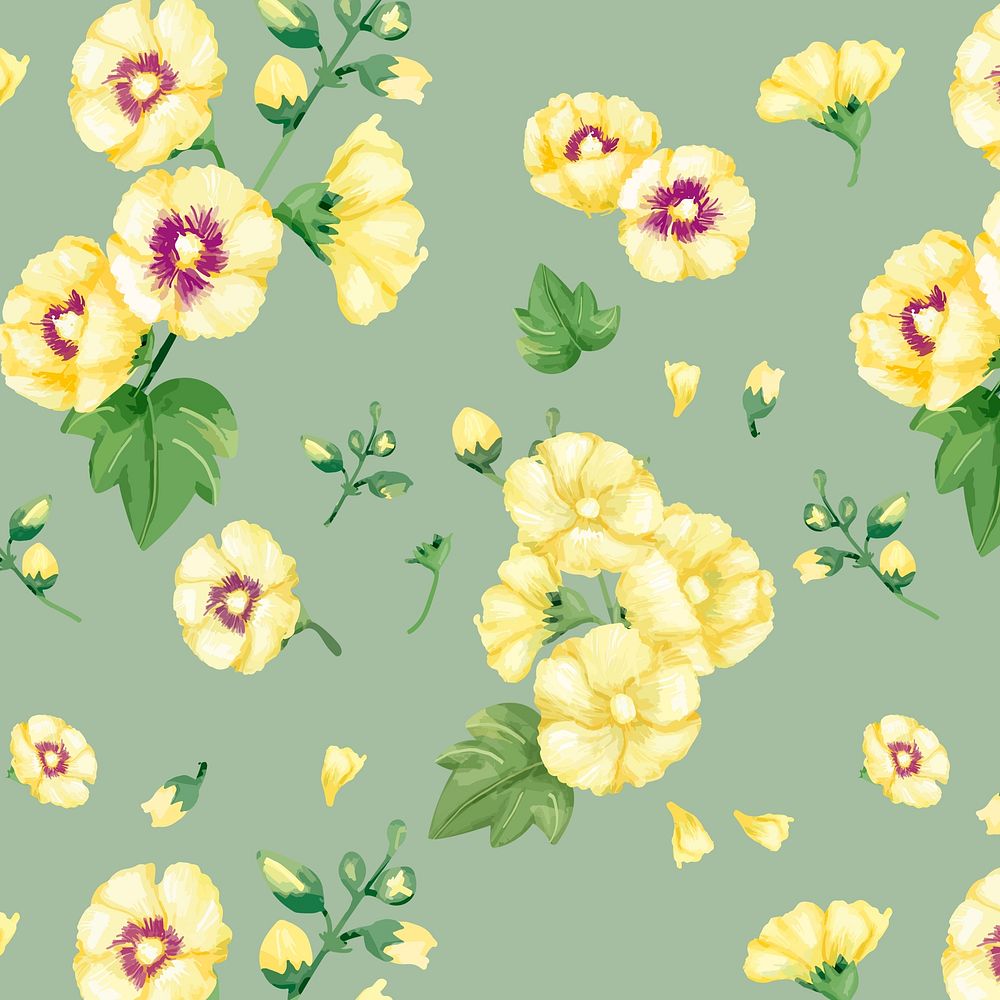 Watercolor yellow hollyhocks flower pattern, digital paint remix