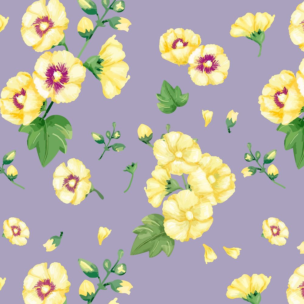 Watercolor yellow hollyhocks flower pattern, digital paint remix