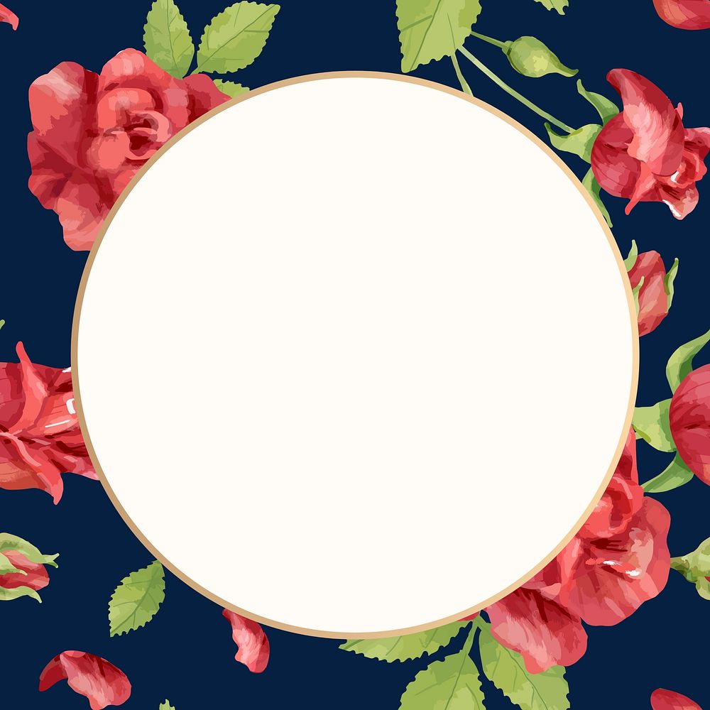 Watercolor floral round frame, red rose digital paint