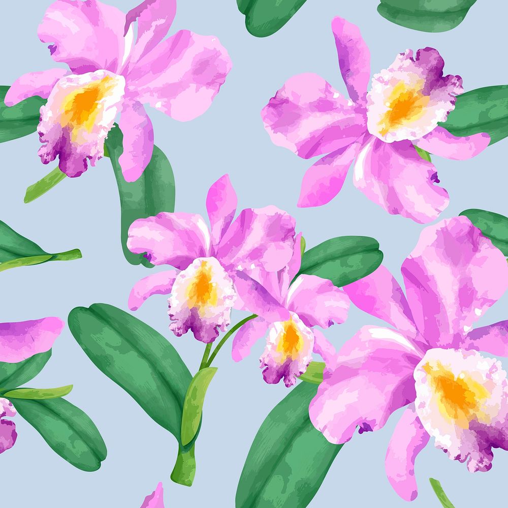 Watercolor cattleya orchid flower pattern, digital paint remix
