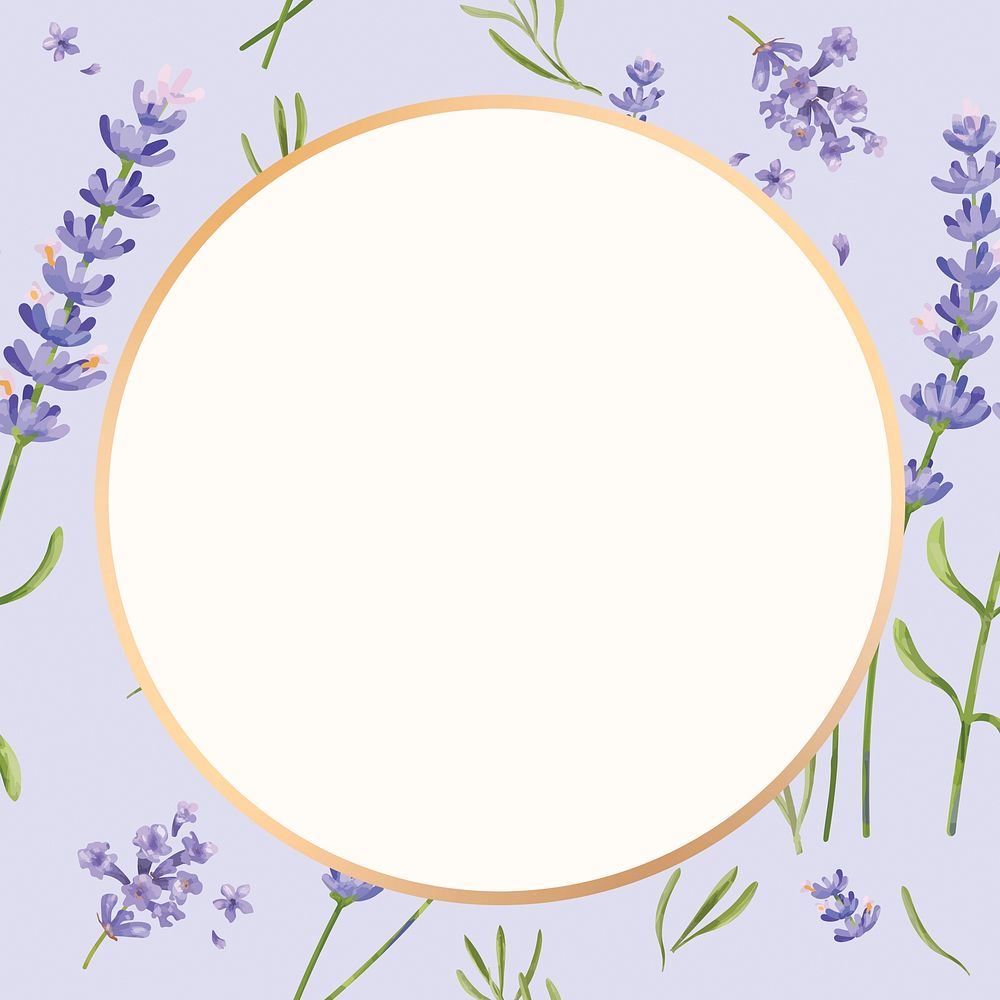 Watercolor lavender round frame, aesthetic flower digital paint