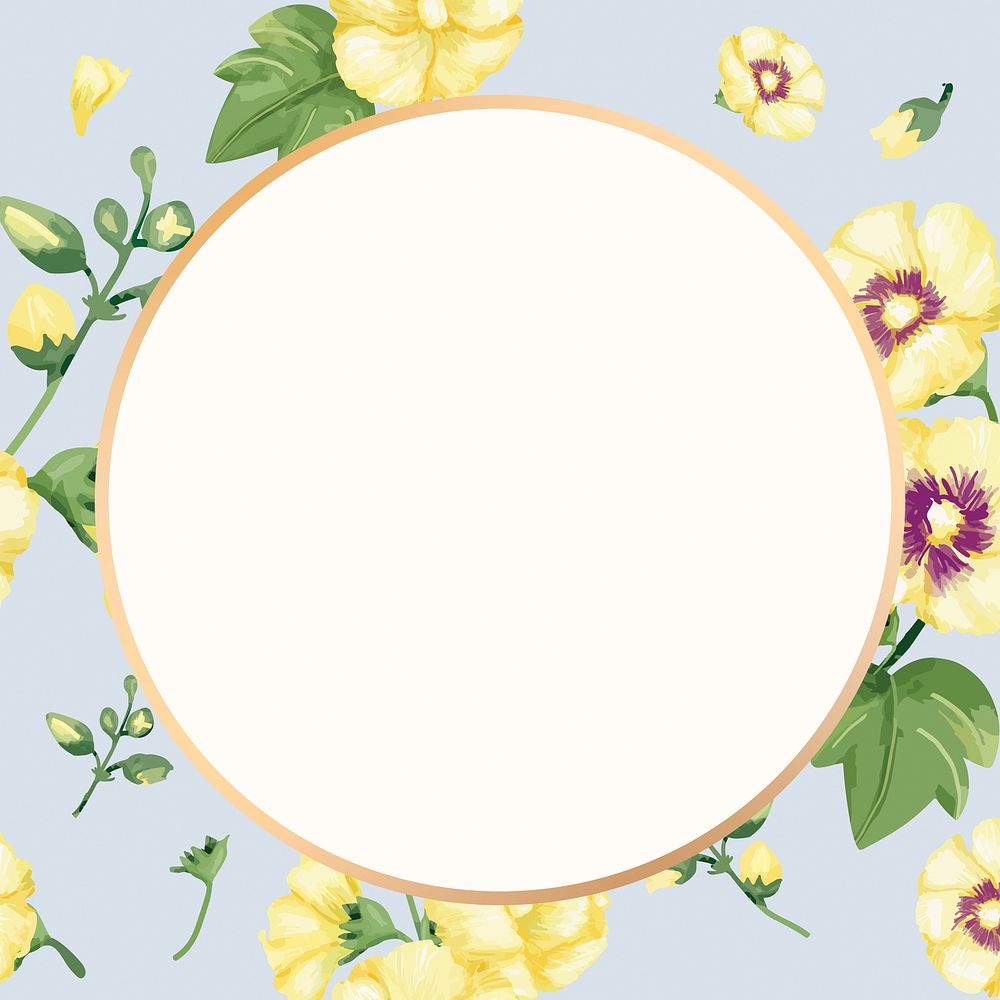 Watercolor floral round frame, yellow hollyhocks digital paint