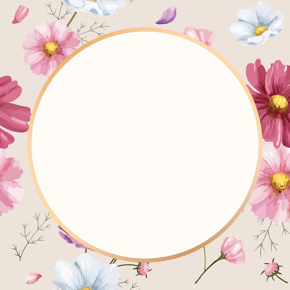 Watercolor pink cosmos round frame, aesthetic flower digital paint