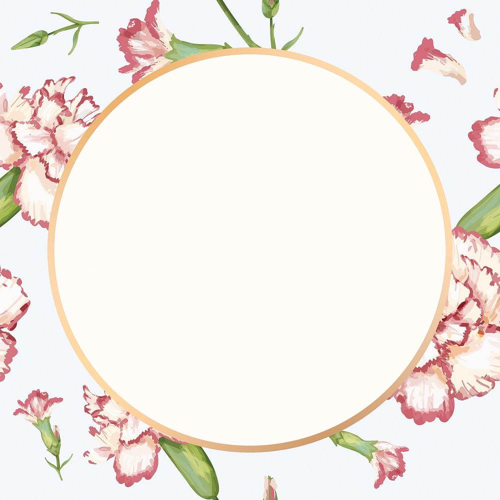 Watercolor floral round frame, carnation digital paint