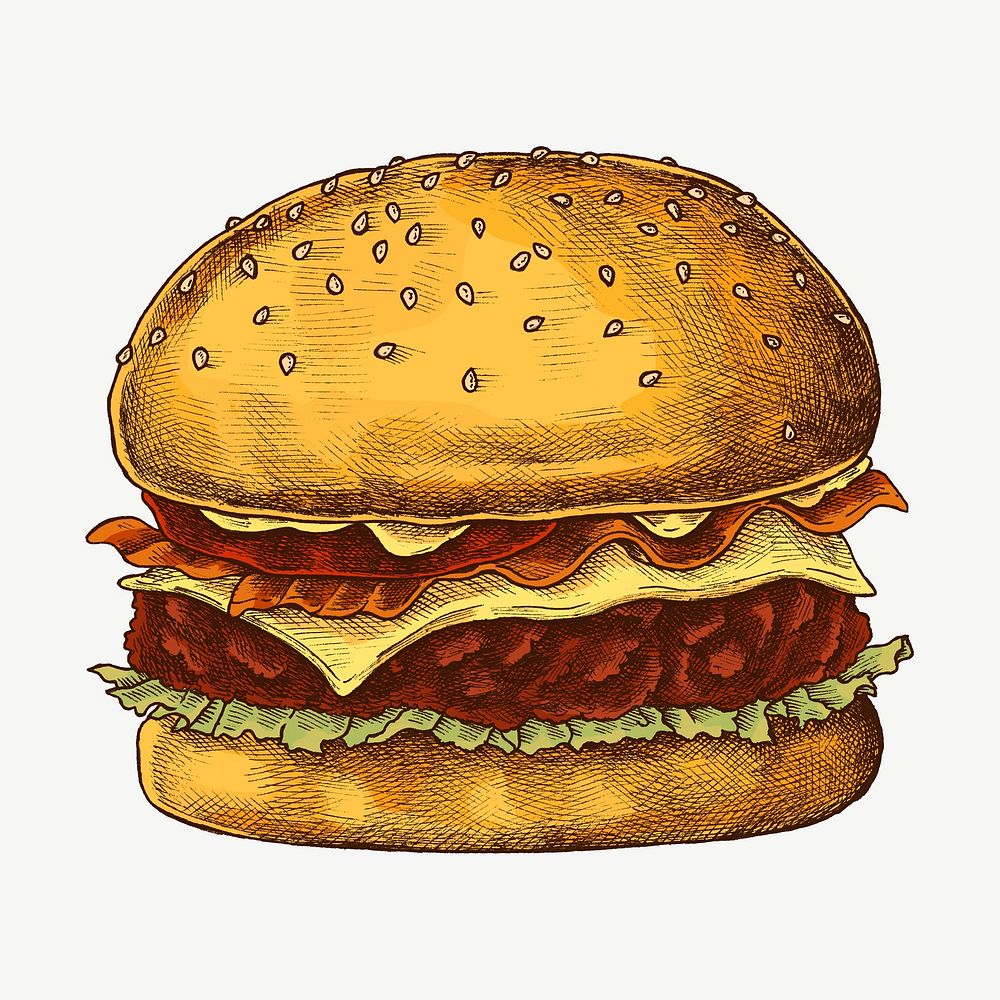 Burger vintage illustration, collage element psd