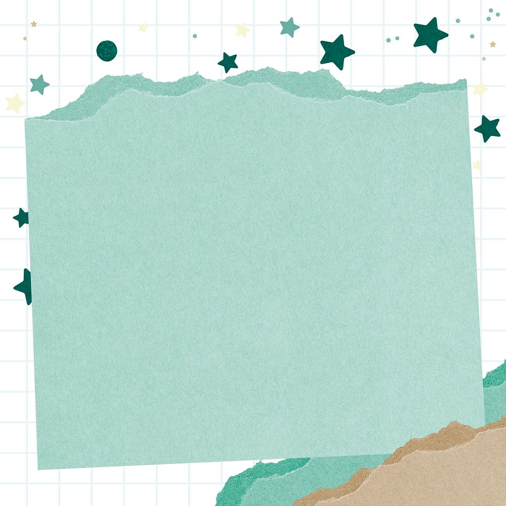Torn green scrap paper element, square notepaper collage border frame grid background