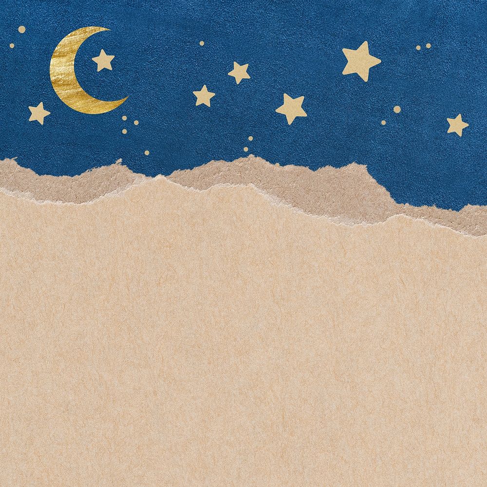 Ripped craft paper element, blue night sky moon and star square notepaper 