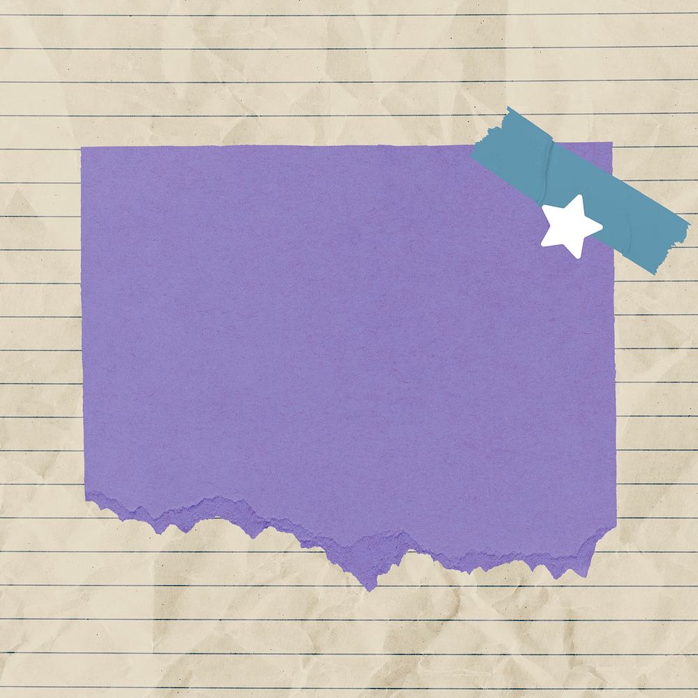 Torn square purple paper element, lined notepaper tape