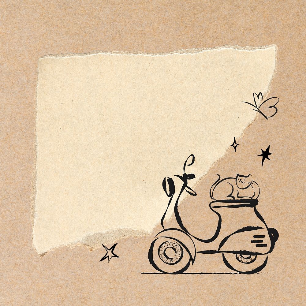 Cute cat on motorcycle, ripped paper note design