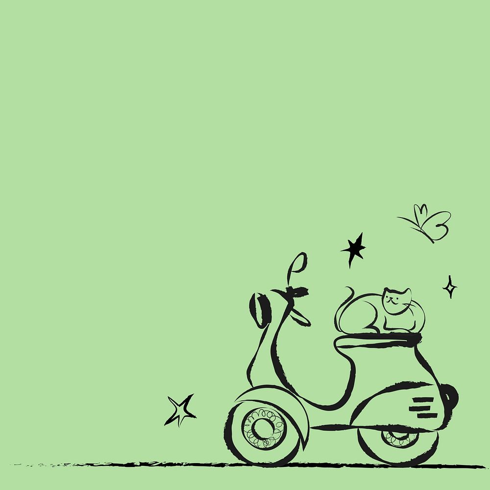 Cute cat on motorcycle, green background illustration remix