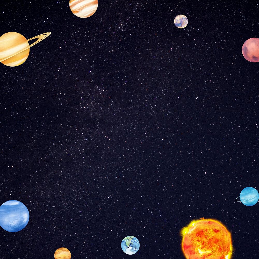 Galaxy planets frame background, cute space illustration