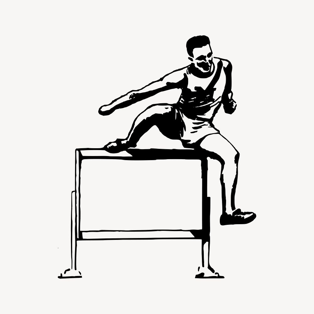 Hurdling track athlete black and white vintage illustration vector. Free public domain CC0 image.