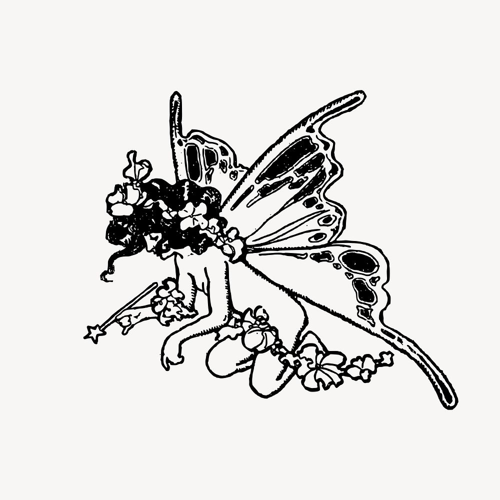 Butterfly fairy black and white vintage illustration vector. Free public domain CC0 image.