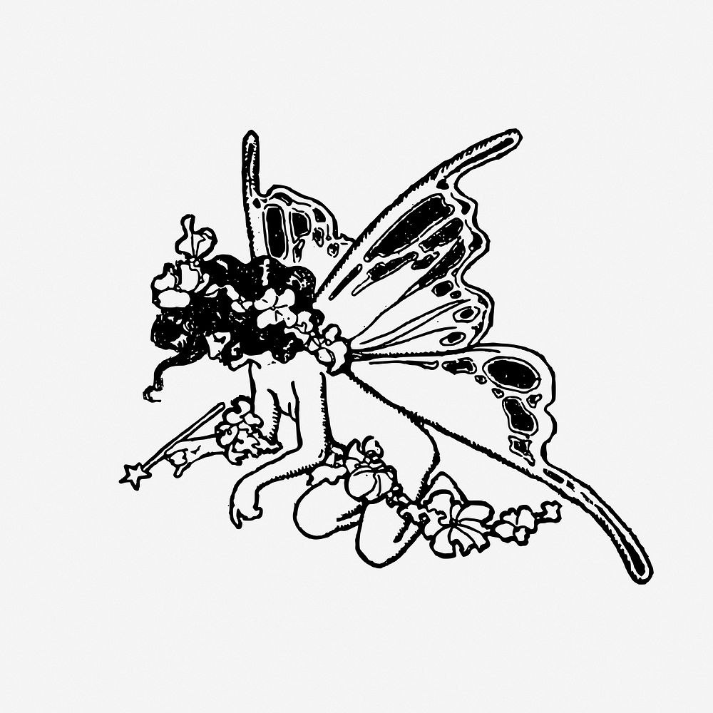 Butterfly fairy black and white vintage illustration. Free public domain CC0 image.