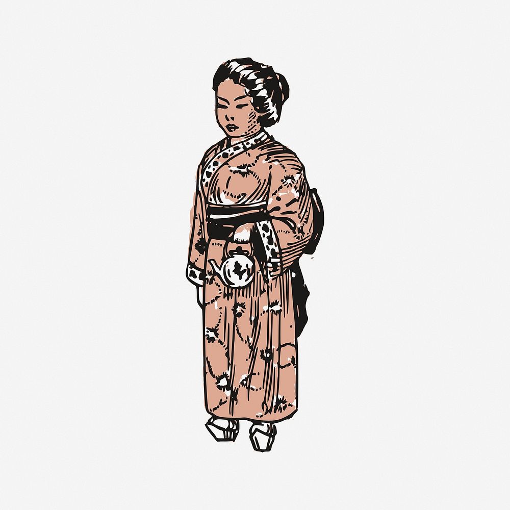 Japanese woman in Kimono vintage illustration. Free public domain CC0 image.