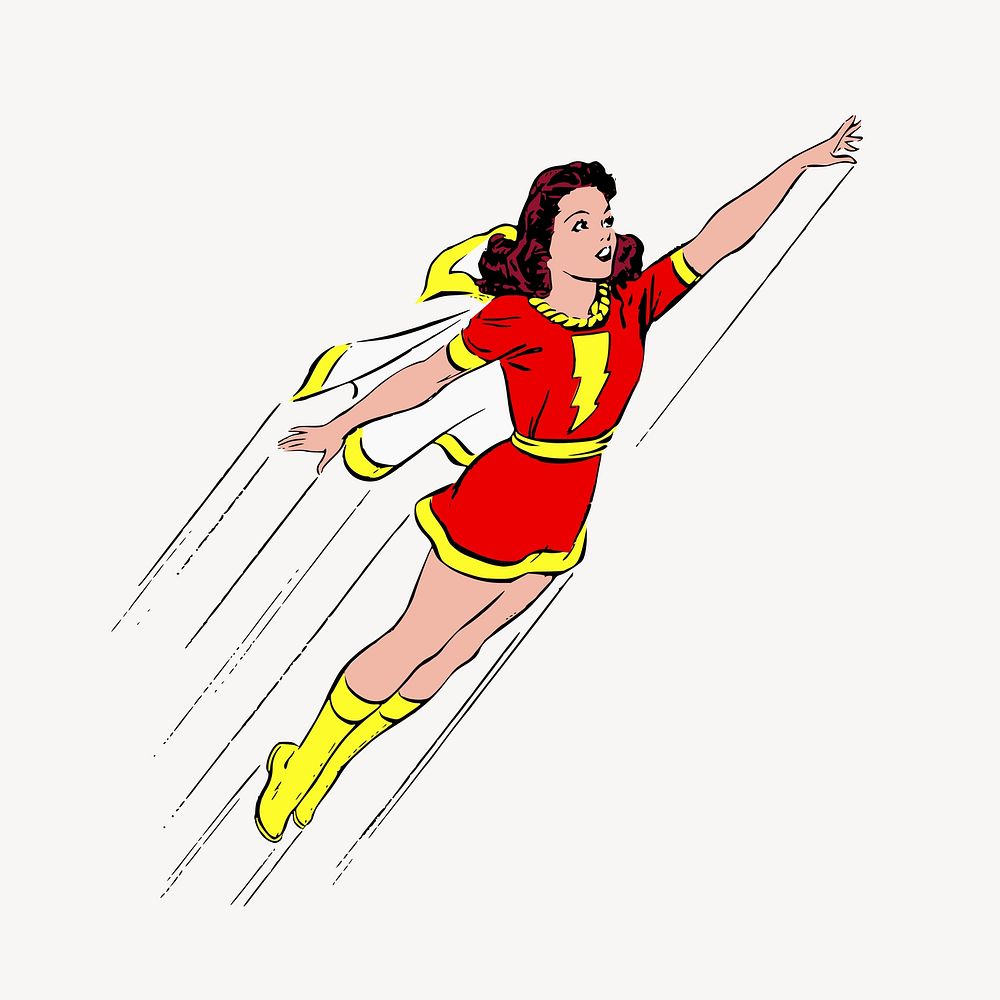 Female superhero flying in the air vintage illustration vector. Free public domain CC0 image.