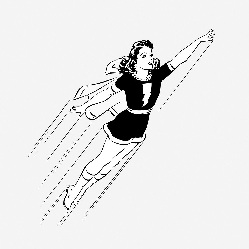 Female superhero flying in the air vintage illustration. Free public domain CC0 image.